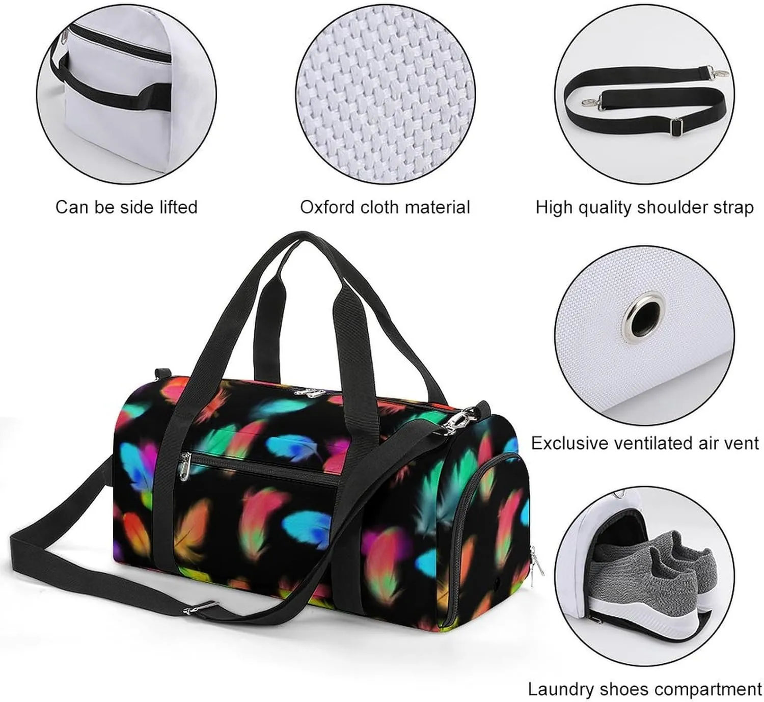 Colorful Birds Feathers Fitness Large Gym Bag for Unisex with Shoe Compartment & Wet Pocket