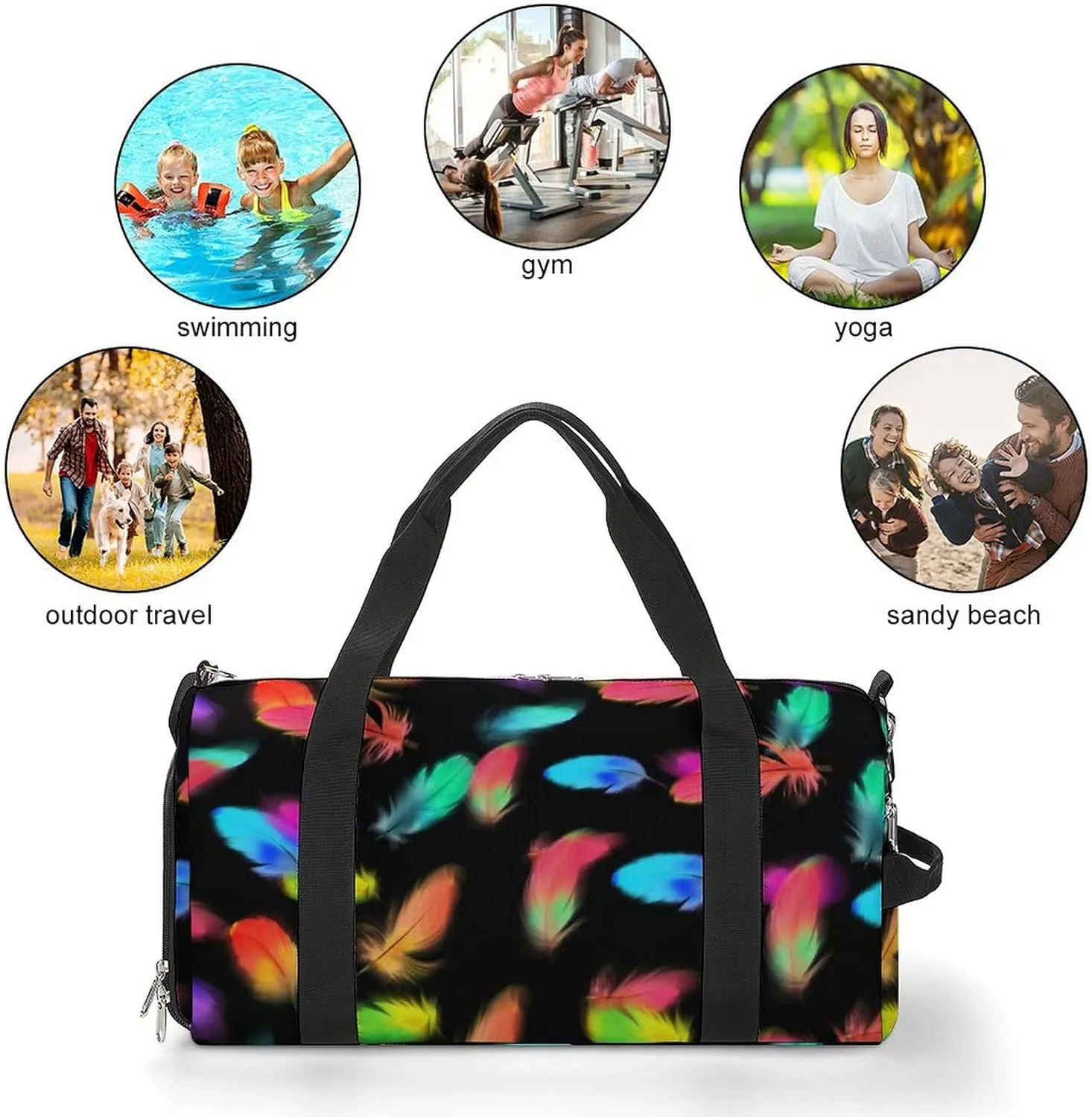 Colorful Birds Feathers Fitness Large Gym Bag for Unisex with Shoe Compartment & Wet Pocket