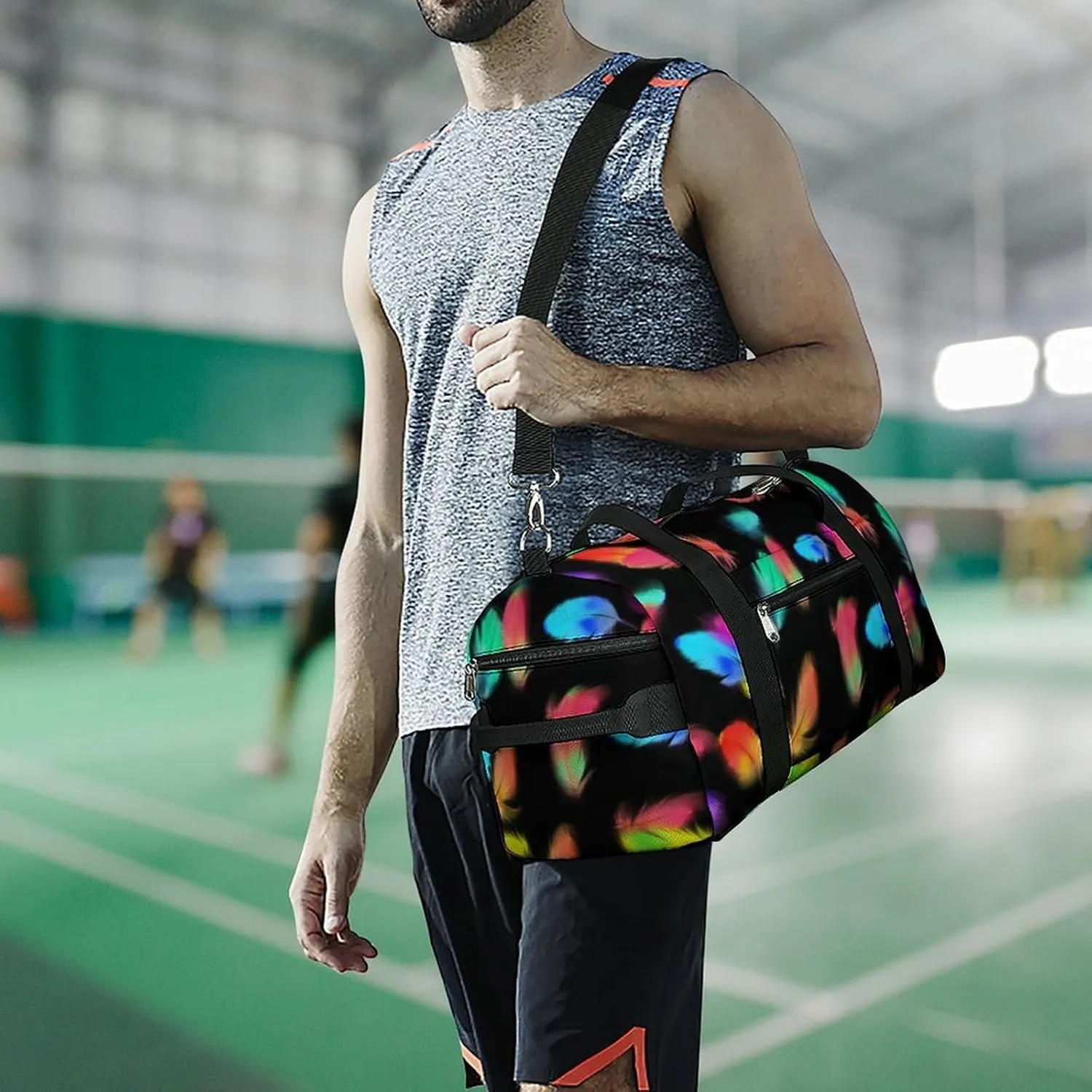 Colorful Birds Feathers Fitness Large Gym Bag for Unisex with Shoe Compartment & Wet Pocket