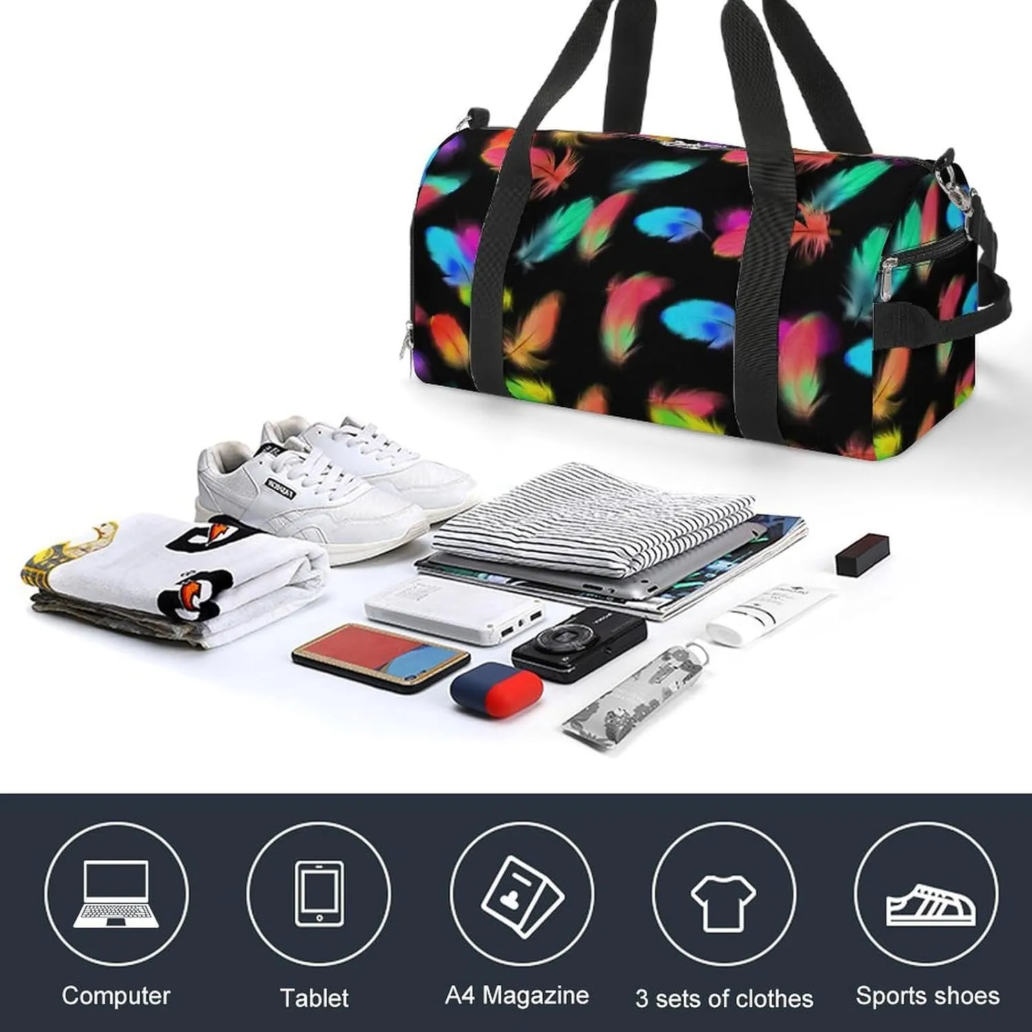 Colorful Birds Feathers Fitness Large Gym Bag for Unisex with Shoe Compartment & Wet Pocket