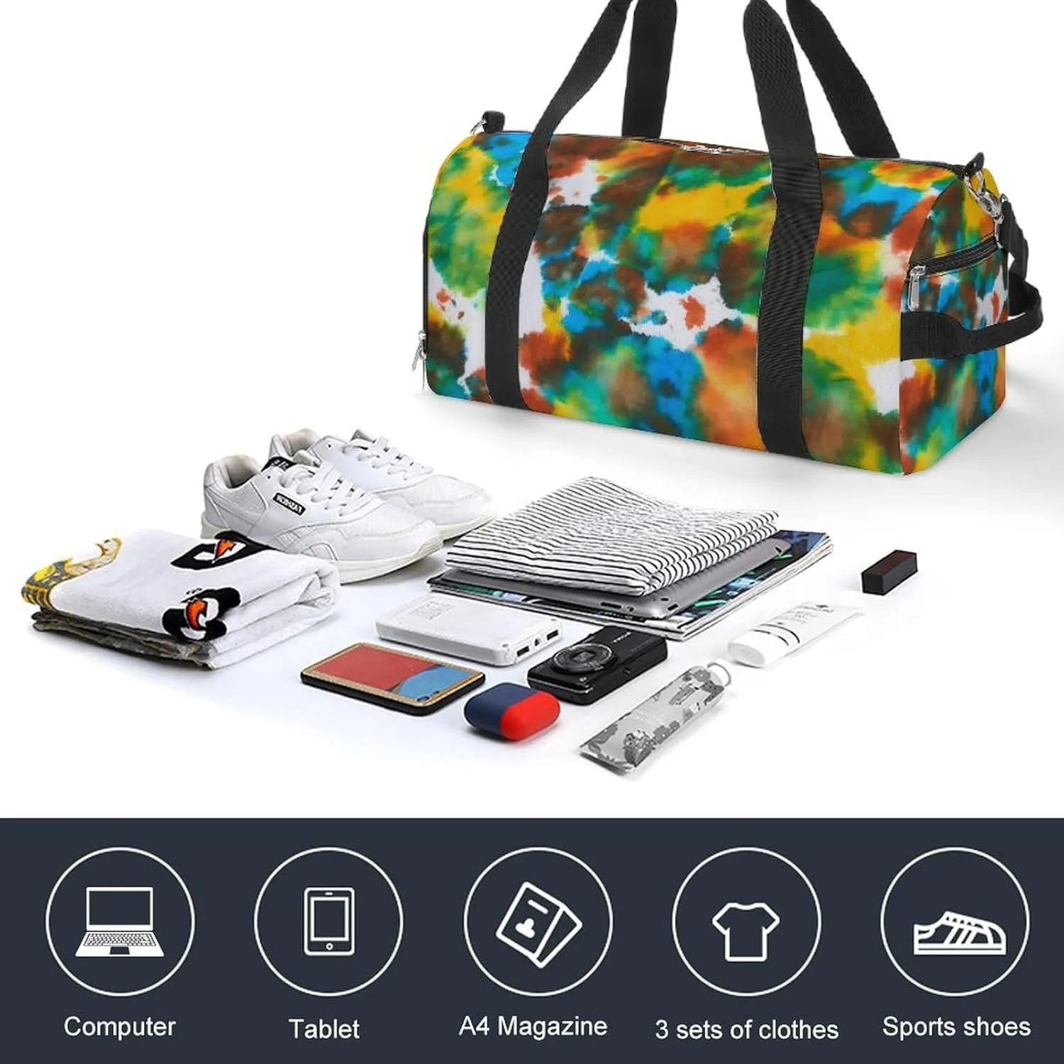 Colorful Tie Dye Green Drops Pattern Fitness Large Gym Bag for Unisex with Shoe Compartment & Wet Pocket
