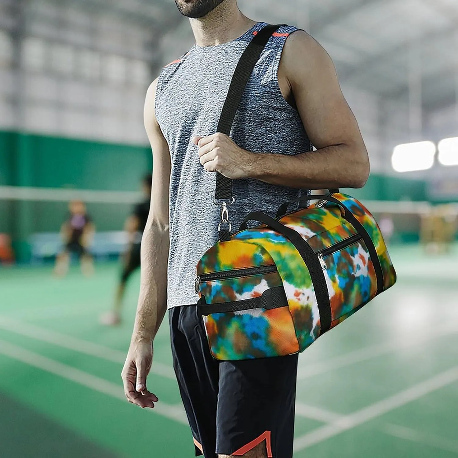 Colorful Tie Dye Green Drops Pattern Fitness Large Gym Bag for Unisex with Shoe Compartment & Wet Pocket