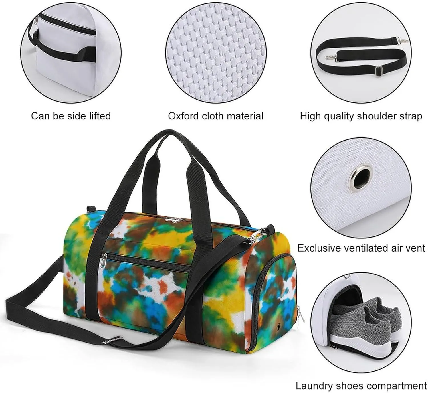 Colorful Tie Dye Green Drops Pattern Fitness Large Gym Bag for Unisex with Shoe Compartment & Wet Pocket