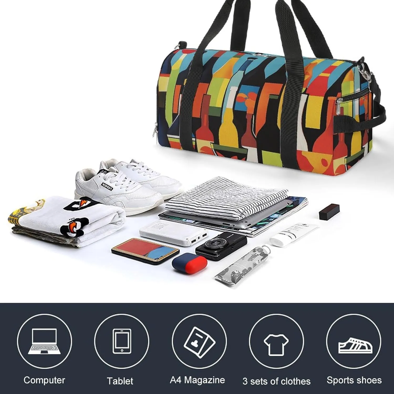 Colorful Wine Bottles Fitness Large Gym Bag for Unisex with Shoe Compartment & Wet Pocket