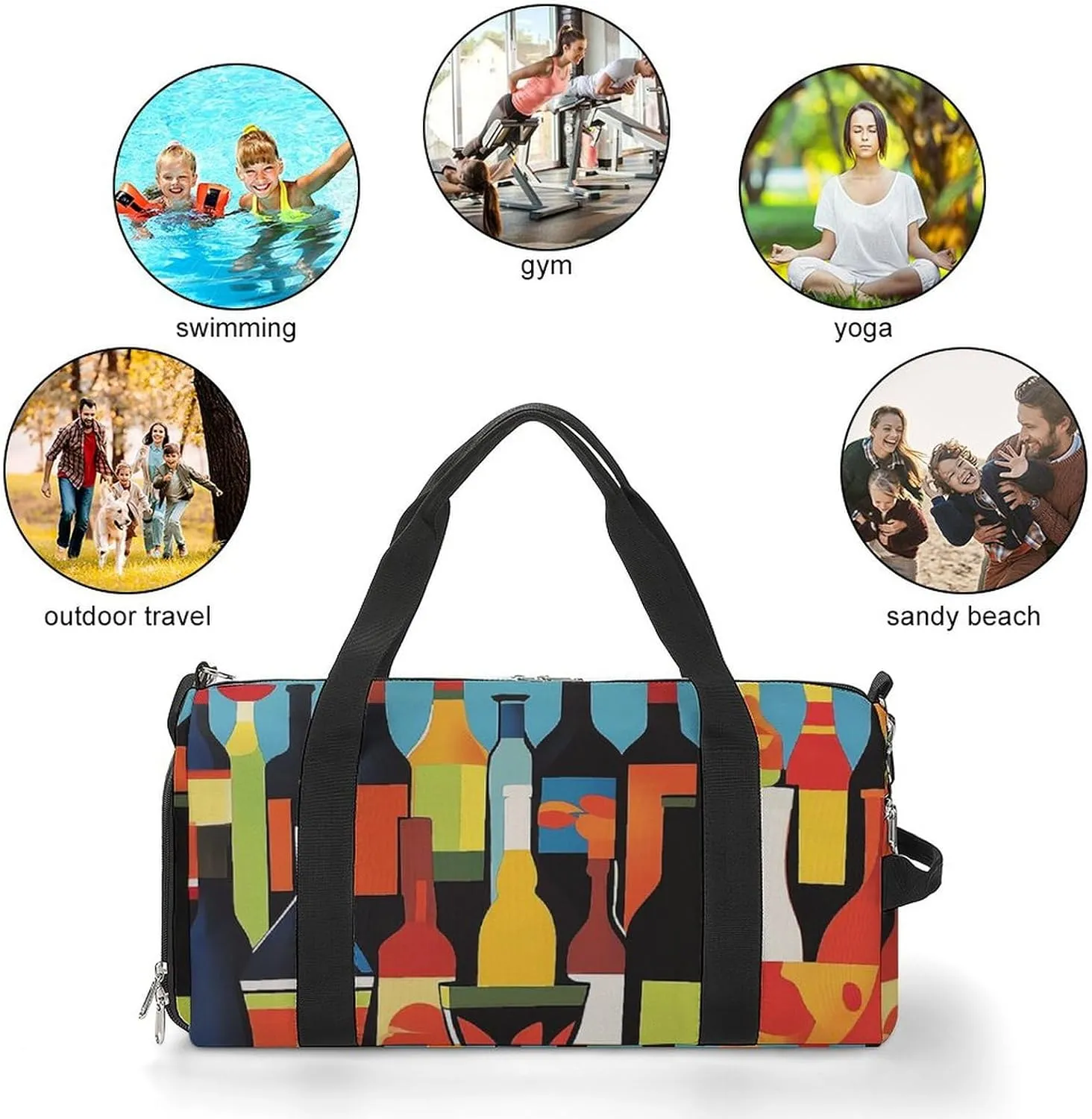 Colorful Wine Bottles Fitness Large Gym Bag for Unisex with Shoe Compartment & Wet Pocket