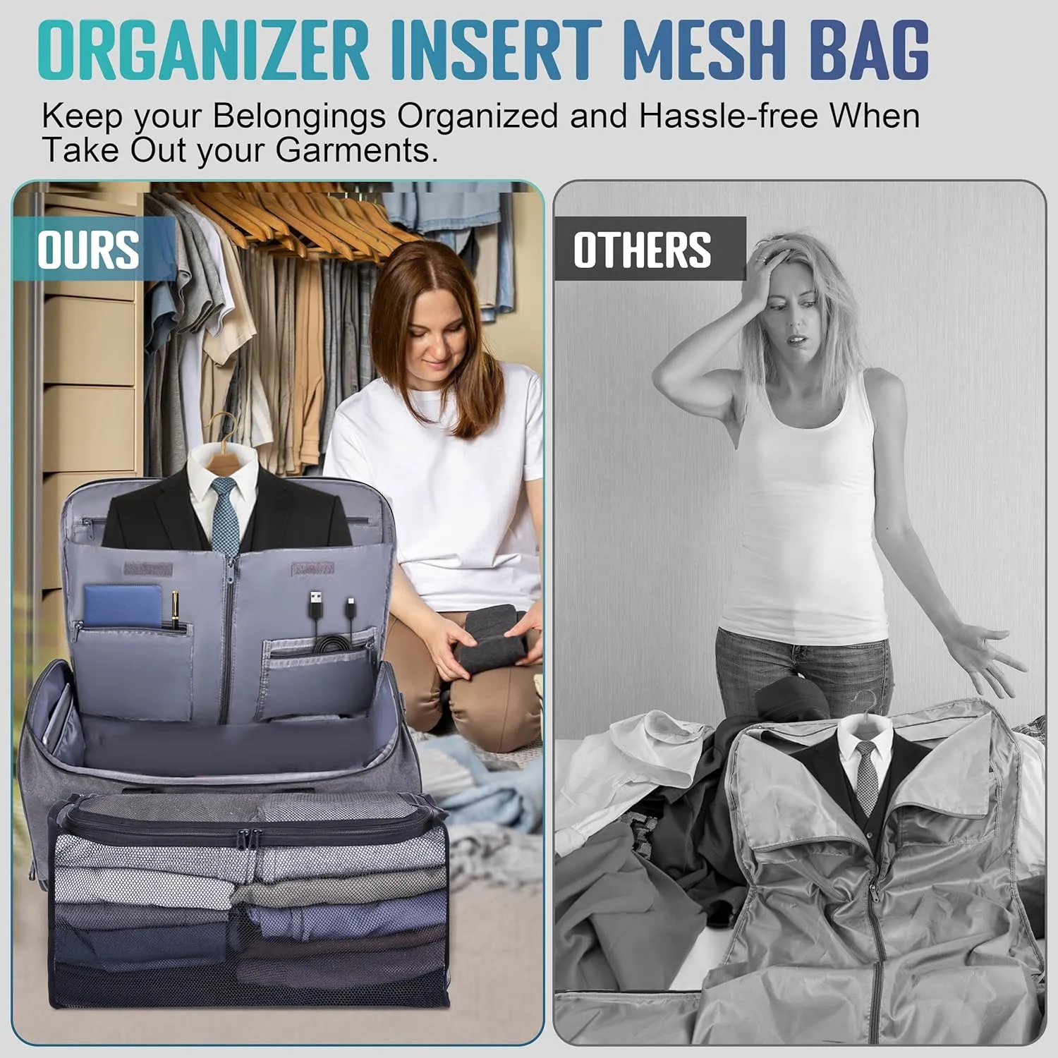 Convertible Garment Duffel Bag with Mesh Storage Bag, YKK Zippers Carry On Garment Bag with Suit Compartment, 2 in 1 Hanging Suit Travel Bag (Grey)