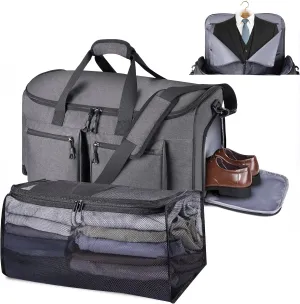 Convertible Garment Duffel Bag with Mesh Storage Bag, YKK Zippers Carry On Garment Bag with Suit Compartment, 2 in 1 Hanging Suit Travel Bag (Grey)