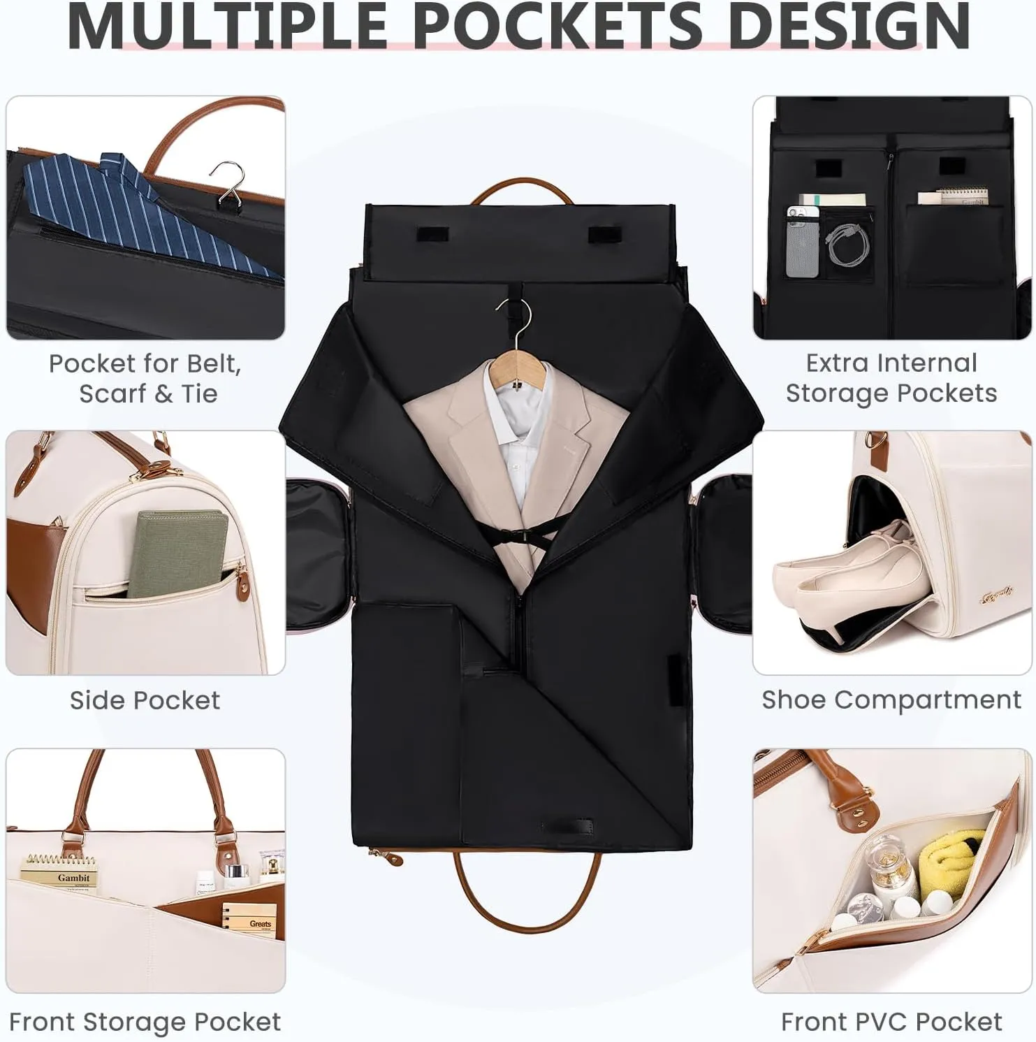 Convertible Garment Duffle Bag for Travel, Carry On Garment Bag for Women, 2 in 1 Travel Garment Bag with Shoe Compartment, Foldable Suit Travel Bag for Hanging Clothes, Beige
