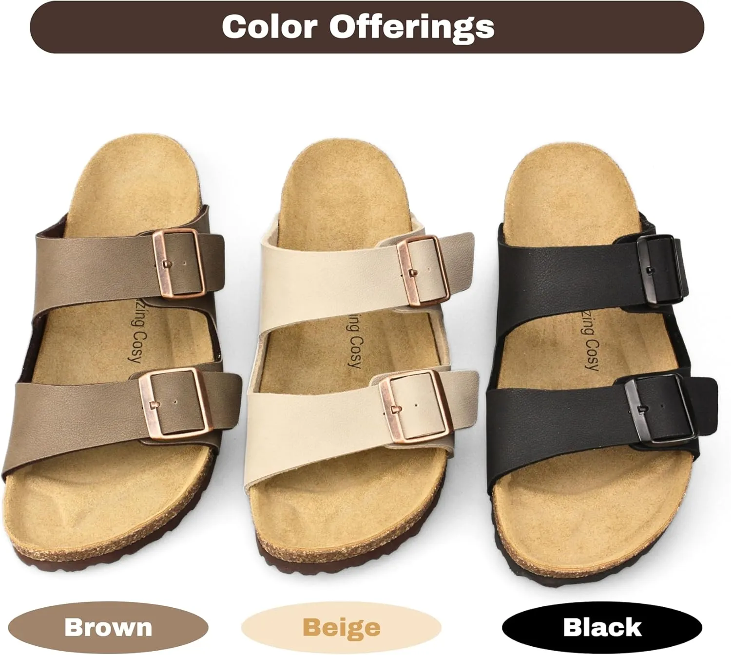 Cork Footbed Slide Sandals for Women, Arch Support Adjustable Buckle Cushioned Sandals, Comfy Summer Essentials