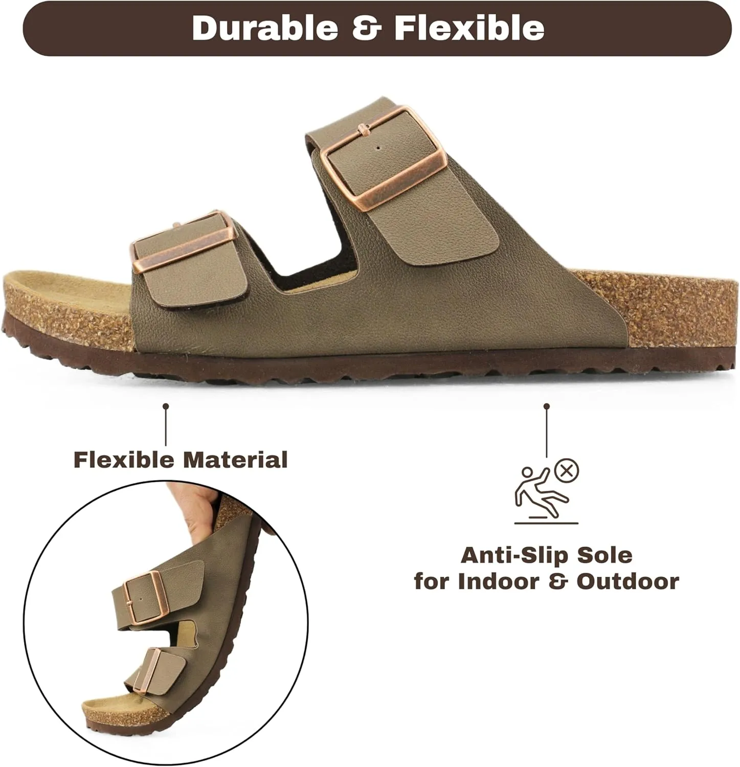 Cork Footbed Slide Sandals for Women, Arch Support Adjustable Buckle Cushioned Sandals, Comfy Summer Essentials