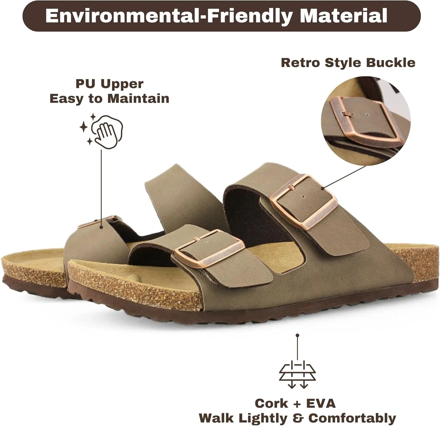Cork Footbed Slide Sandals for Women, Arch Support Adjustable Buckle Cushioned Sandals, Comfy Summer Essentials