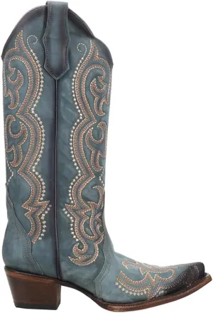 Corral Boots Womens Ld Blue Jean Embroidered Snip Toe Casual Boots Mid Calf Mid Heel 2-3" - Blue