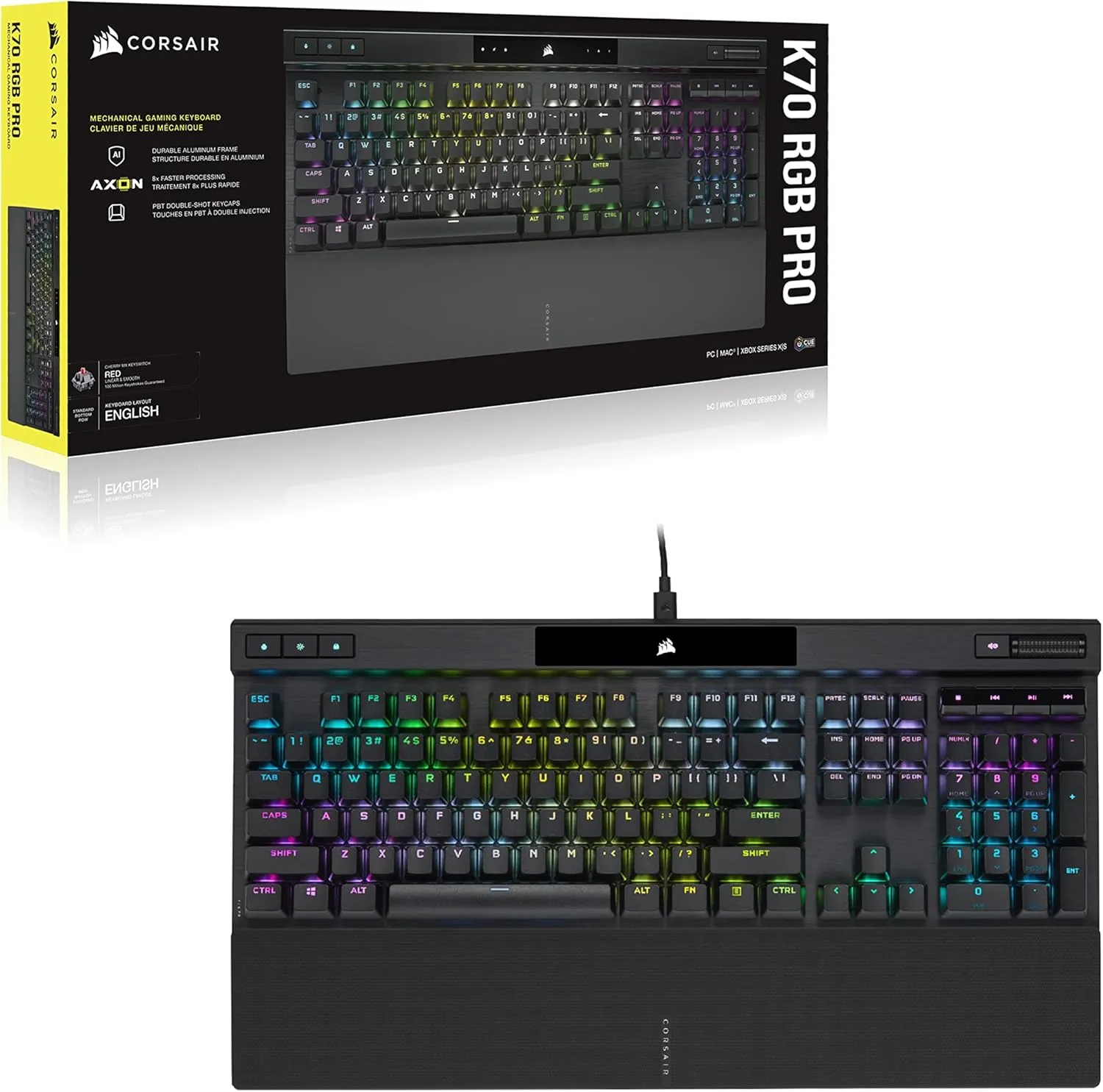 Corsair K70 RGB PRO Mechanical Wired Gaming Keyboard – Cherry MX Brown Tactile Switches – 8,000hz Hyper-Polling – PBT Double-Shot Keycaps – iCUE Compatible – PC, Mac, Xbox – QWERTY NA – Black