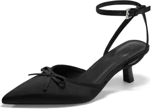 Coutgo Satin Kitten Low Heels with Bow Closed Pointed Toe Short Pumps Dress Wedding Party Shoes