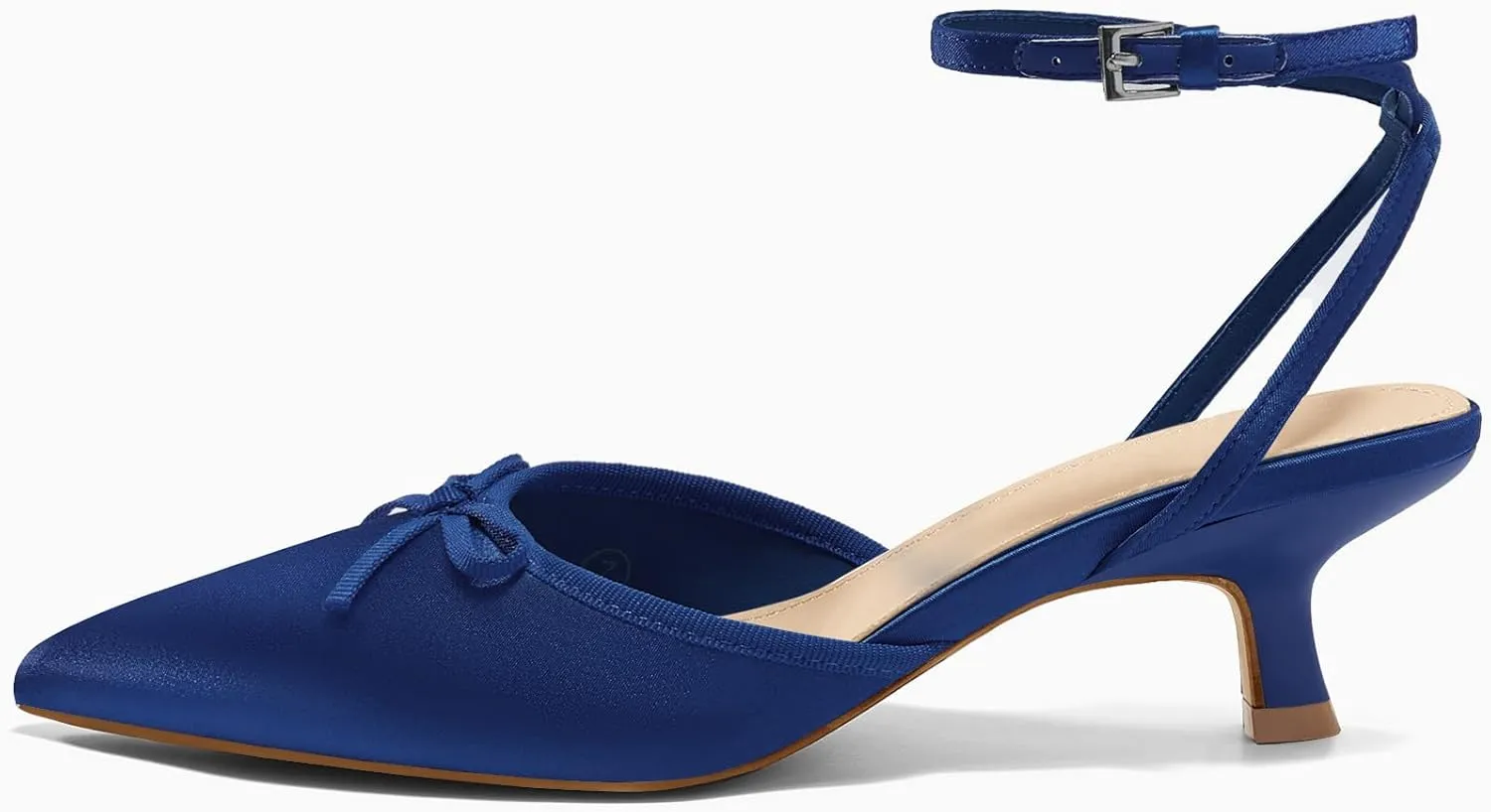 Coutgo Satin Kitten Low Heels with Bow Closed Pointed Toe Short Pumps Dress Wedding Party Shoes