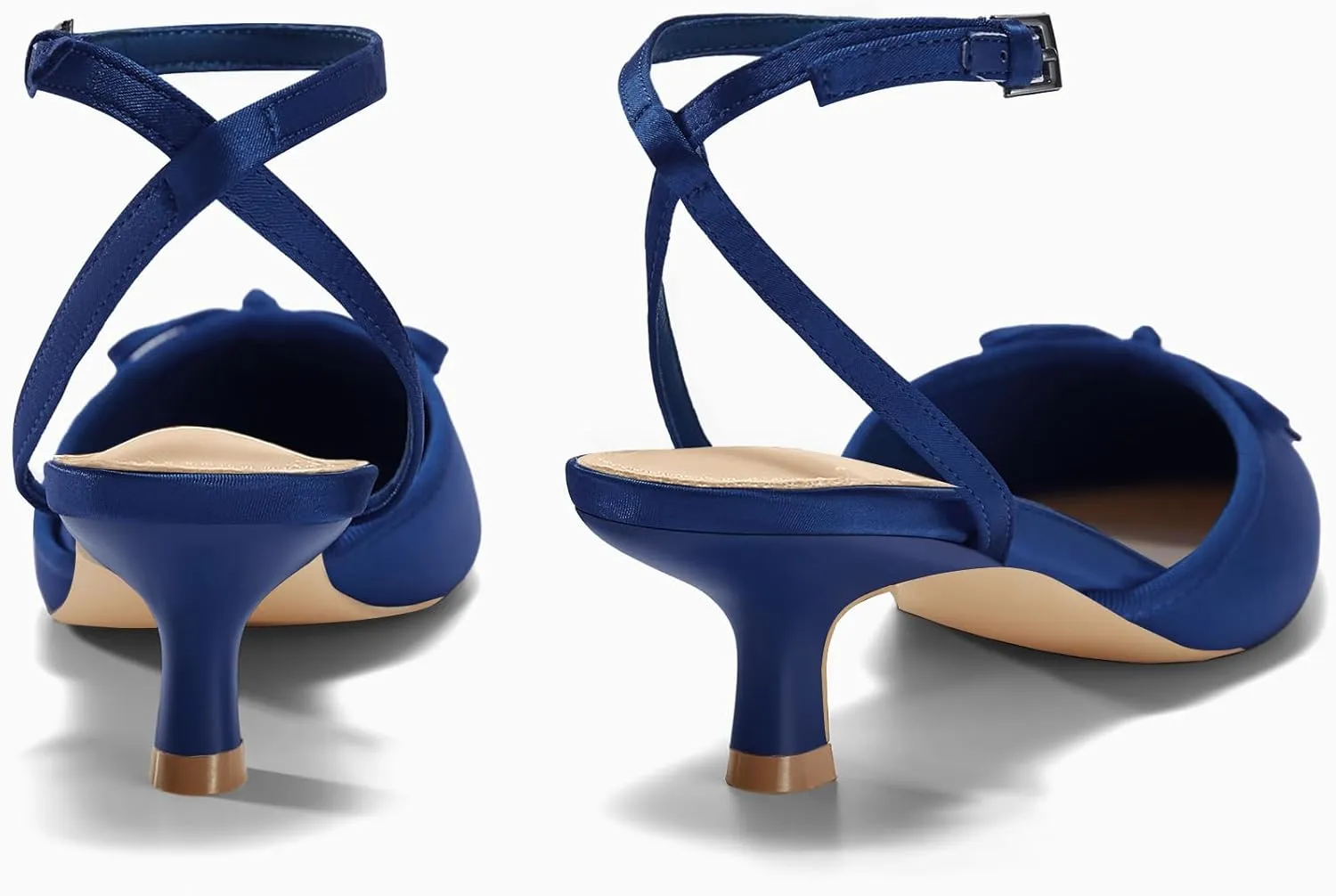 Coutgo Satin Kitten Low Heels with Bow Closed Pointed Toe Short Pumps Dress Wedding Party Shoes