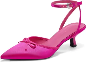 Coutgo Satin Kitten Low Heels with Bow Closed Pointed Toe Short Pumps Dress Wedding Party Shoes
