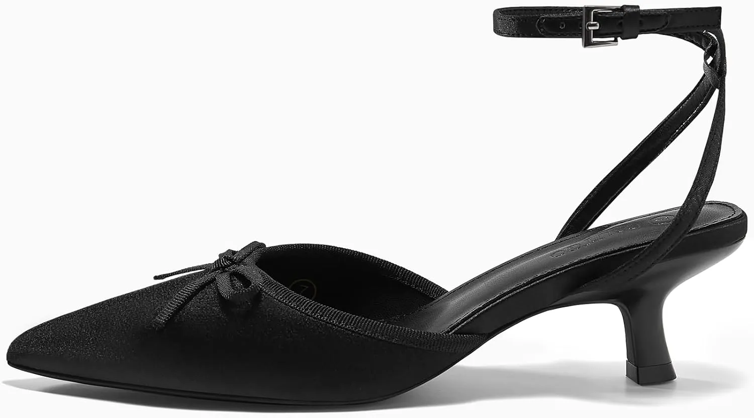 Coutgo Satin Kitten Low Heels with Bow Closed Pointed Toe Short Pumps Dress Wedding Party Shoes