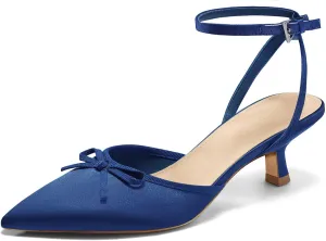 Coutgo Satin Kitten Low Heels with Bow Closed Pointed Toe Short Pumps Dress Wedding Party Shoes