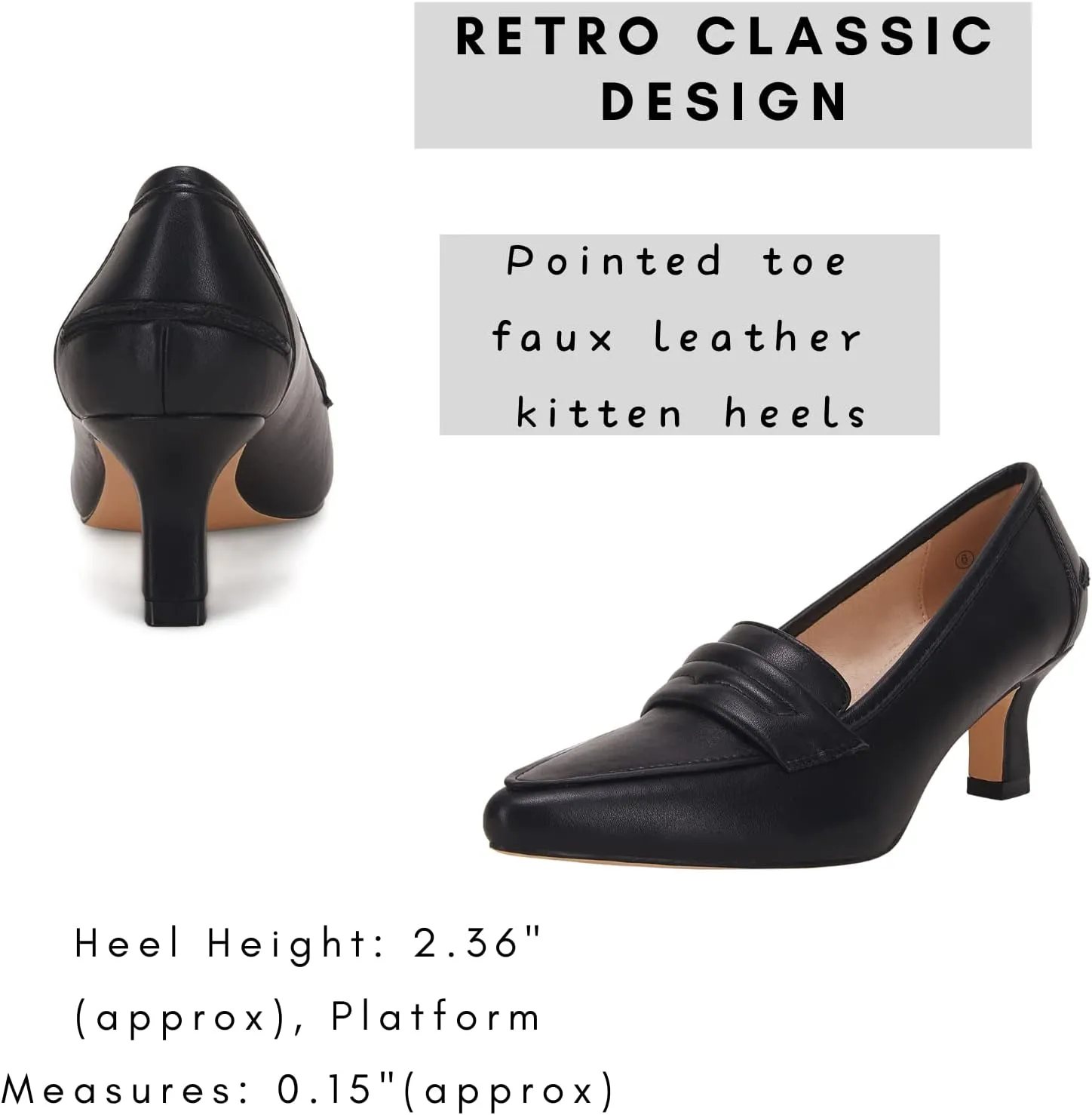 Coutgo Womens Low Kitten Heels Pumps Closed Pointed Toe Stiletto Faux Leather High Heel Slip on Office Dress Wedding Party Shoes Loafer Sandals