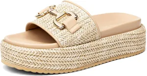 Coutgo Womens Platform Sandals Raffia Espadrilles Metal Chain Slip on Open Toe Cute Beach Slide Sandals