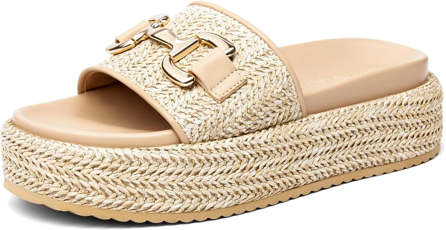 Coutgo Womens Platform Sandals Raffia Espadrilles Metal Chain Slip on Open Toe Cute Beach Slide Sandals