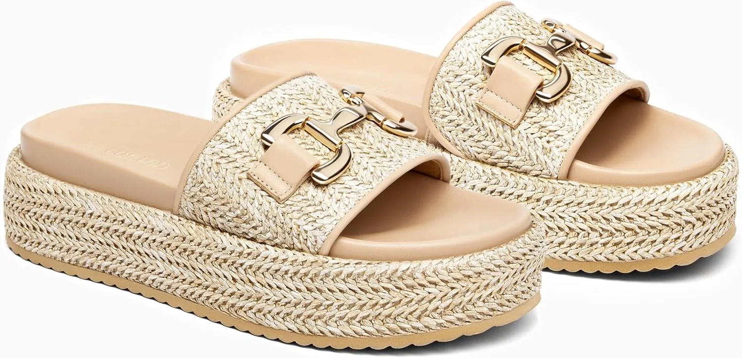 Coutgo Womens Platform Sandals Raffia Espadrilles Metal Chain Slip on Open Toe Cute Beach Slide Sandals