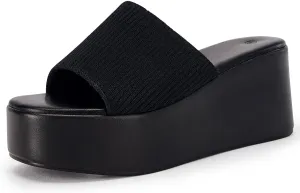 Coutgo Womens Platform Slides Sandals Square Open Toe Slip On Elastic Band Casual Lightweight Wedge Shoes