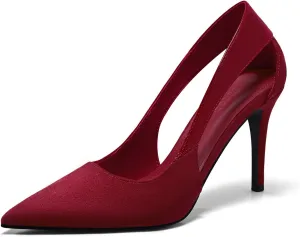 Coutgo Womens Pointed Toe Pumps Hollow Out Stilettos High Heels Closed Toe Casual Dress Shoes, Red Wine, Size 5