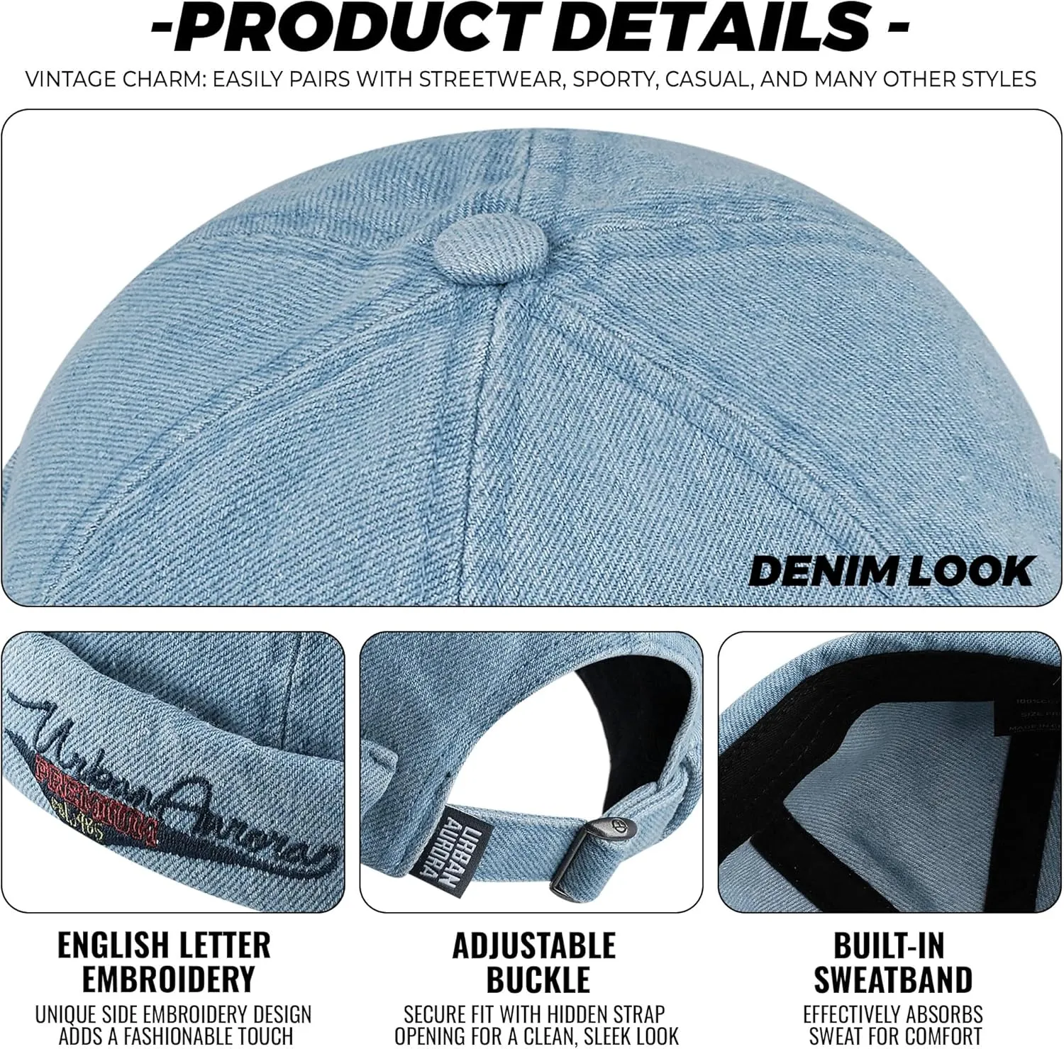 Croogo Denim Docker Hat Fashion Brimless Beanie Hat Retro Worker Skull Cap Rolled Cuff Sailor Cap Hip Hop Dancing Watch Cap