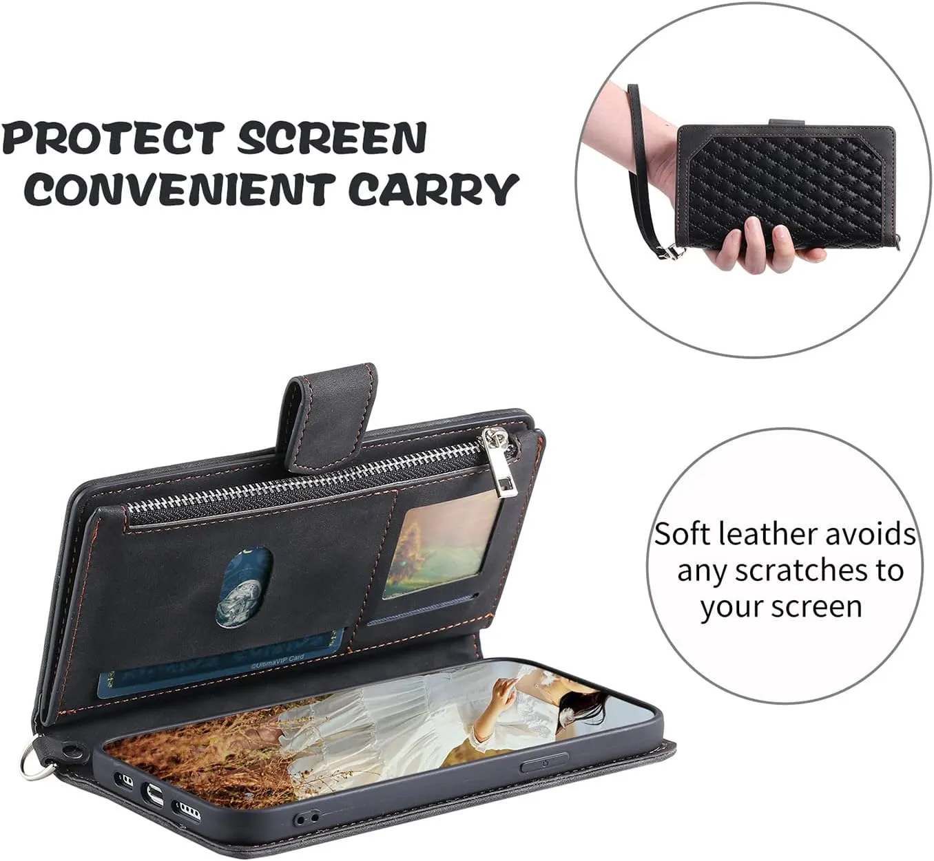 Crossbody Wallet Case for Apple iPhone 13 Pro Leather Phone Case with Card Holder Kickstand & Wrist Strap Cover Magnetic Closure Flip Handbag Zipper Purse Shell for Women(Black)