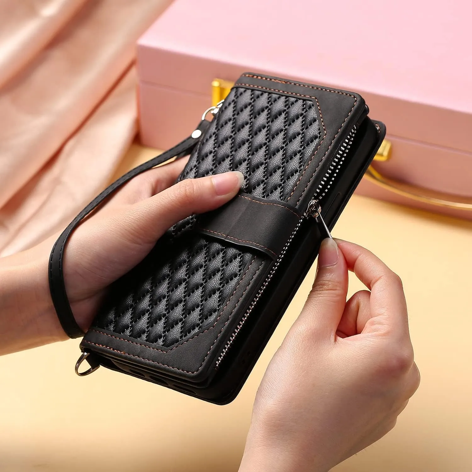 Crossbody Wallet Case for Apple iPhone 13 Pro Leather Phone Case with Card Holder Kickstand & Wrist Strap Cover Magnetic Closure Flip Handbag Zipper Purse Shell for Women(Black)