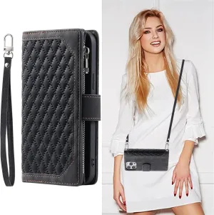 Crossbody Wallet Case for Apple iPhone 13 Pro Leather Phone Case with Card Holder Kickstand & Wrist Strap Cover Magnetic Closure Flip Handbag Zipper Purse Shell for Women(Black)