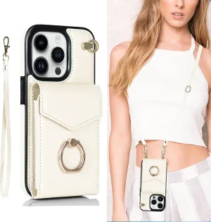 Crossbody Wallet Phone Case for Samsung Galaxy S21 Leather Case with Credit Card Holder & 360° Ring Kickstand & Wrist Strap Purse Cover Magnetic Closure Flip Handbag Shell(White)