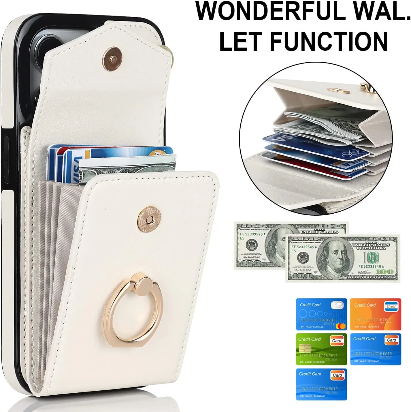 Crossbody Wallet Phone Case for Samsung Galaxy S21 Leather Case with Credit Card Holder & 360° Ring Kickstand & Wrist Strap Purse Cover Magnetic Closure Flip Handbag Shell(White)