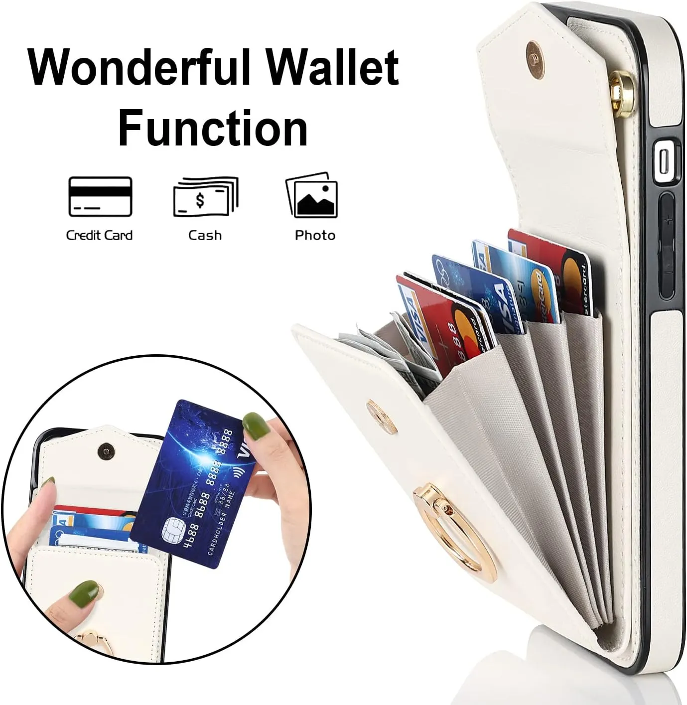 Crossbody Wallet Phone Case for Samsung Galaxy S21 Leather Case with Credit Card Holder & 360° Ring Kickstand & Wrist Strap Purse Cover Magnetic Closure Flip Handbag Shell(White)
