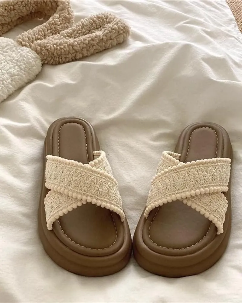 Crossed Knit Slippers Casual Sandal for Women Flip-Flop Beach Thick-soled Slippers Walking Flip Flops Slides