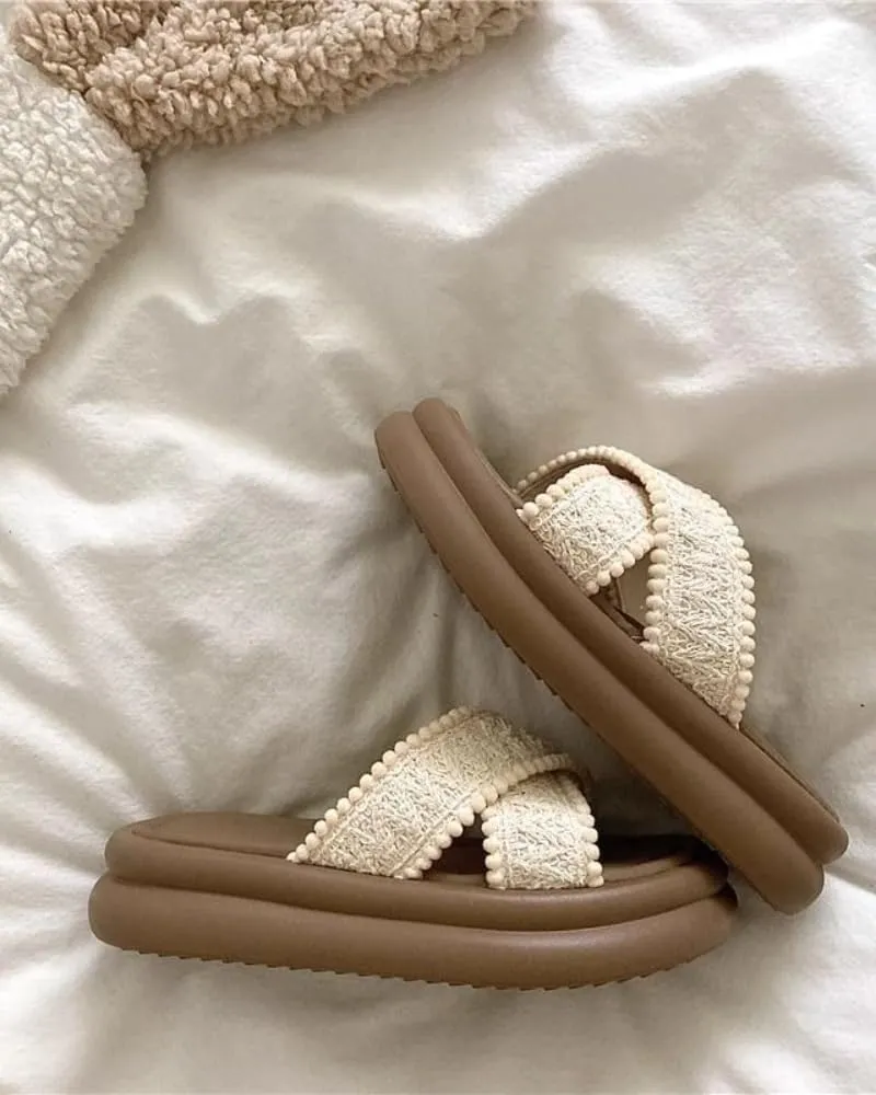 Crossed Knit Slippers Casual Sandal for Women Flip-Flop Beach Thick-soled Slippers Walking Flip Flops Slides