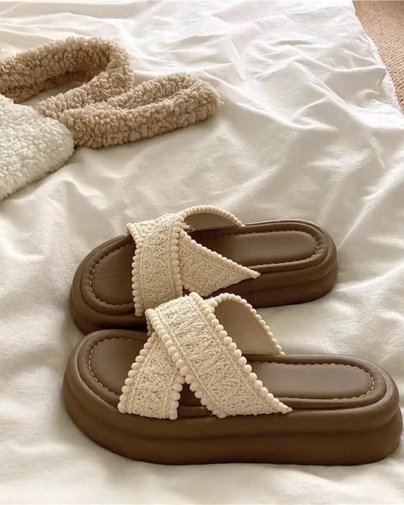 Crossed Knit Slippers Casual Sandal for Women Flip-Flop Beach Thick-soled Slippers Walking Flip Flops Slides