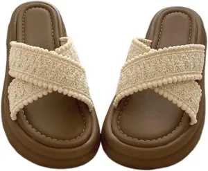 Crossed Knit Slippers Casual Sandal for Women Flip-Flop Beach Thick-soled Slippers Walking Flip Flops Slides