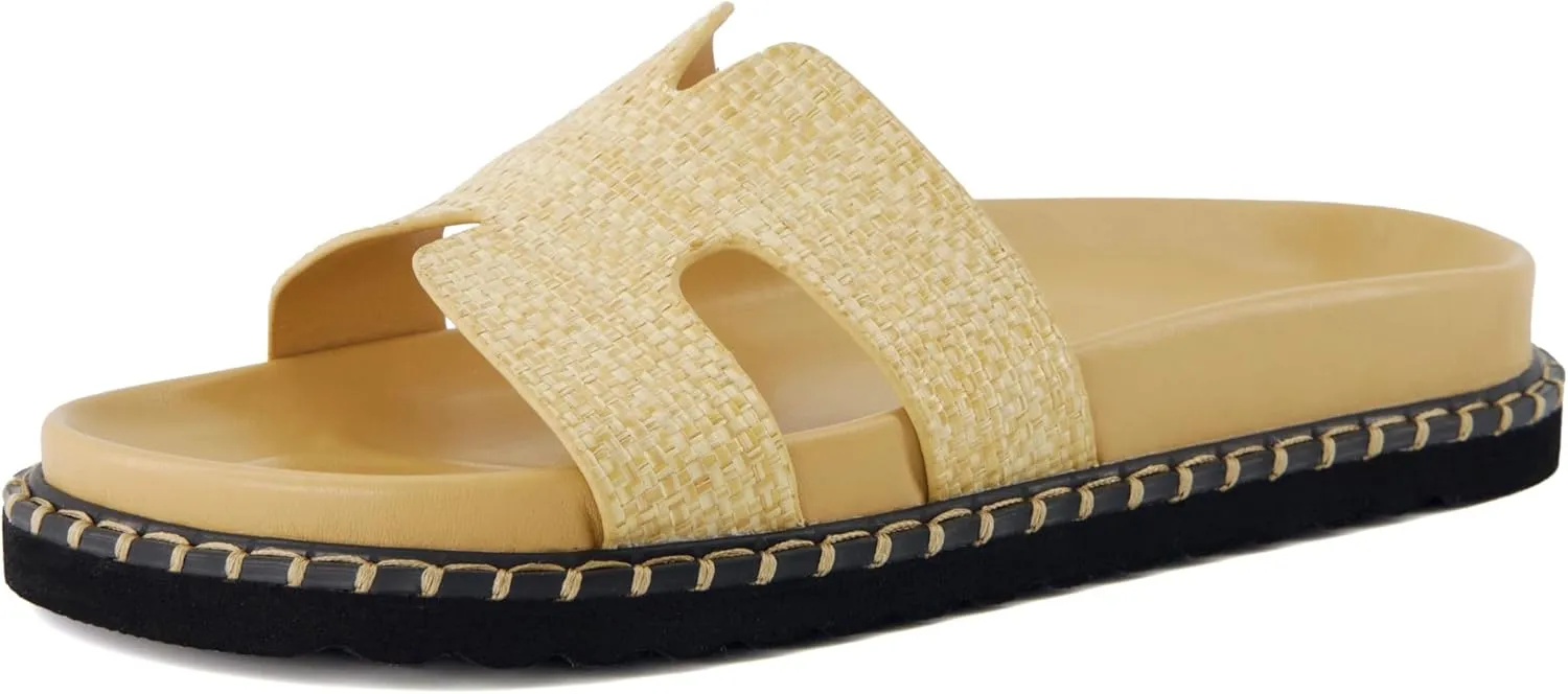 CUSHIONAIRE Crisp Women’s Slide Sandal – Faux Leather Cutout Slip-On with Artisan Stitching & Memory Foam, Wide Widths Available