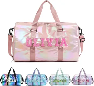 Custom Dance Bag for Girls with Sew Chenille Letter Name, Personalised Sport Duffle Bag for Gym Ballet with Wet Dry Pockets&Shoe Compartment, Travel Duffel Bag,Overnight Bag, Bridesmaid Gift,Birthday