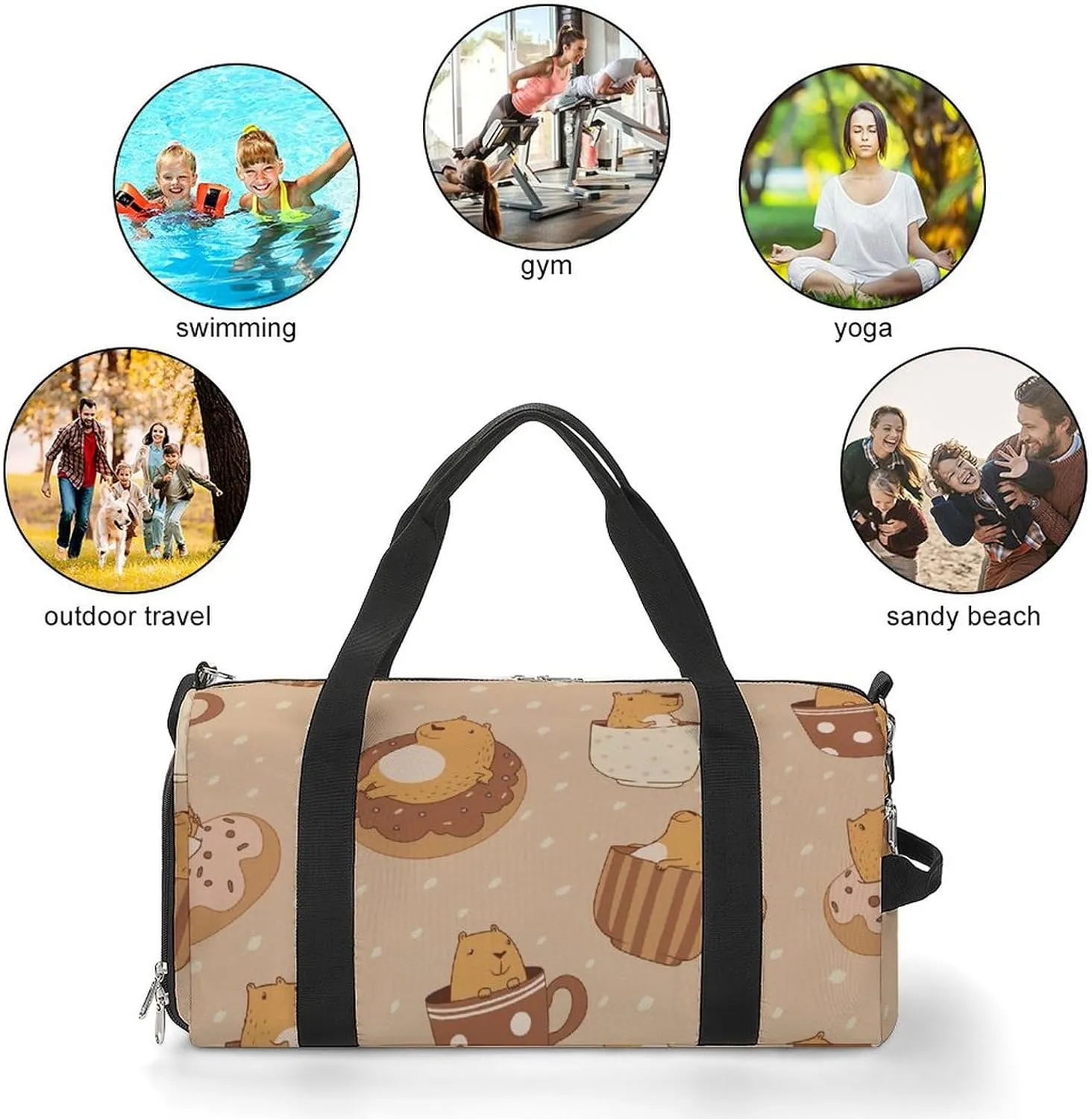 Cute Capybara in Cups on Dots Fitness Large Gym Bag for Unisex with Shoe Compartment & Wet Pocket