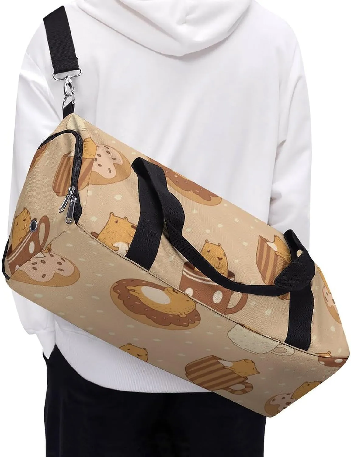 Cute Capybara in Cups on Dots Fitness Large Gym Bag for Unisex with Shoe Compartment & Wet Pocket
