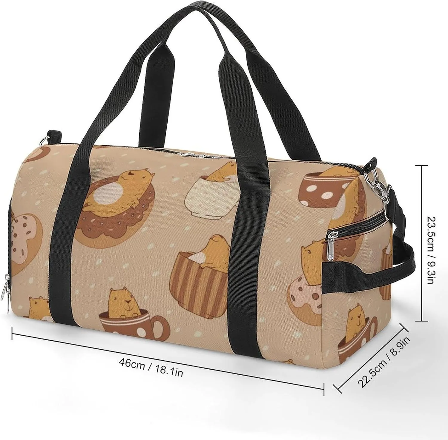 Cute Capybara in Cups on Dots Fitness Large Gym Bag for Unisex with Shoe Compartment & Wet Pocket