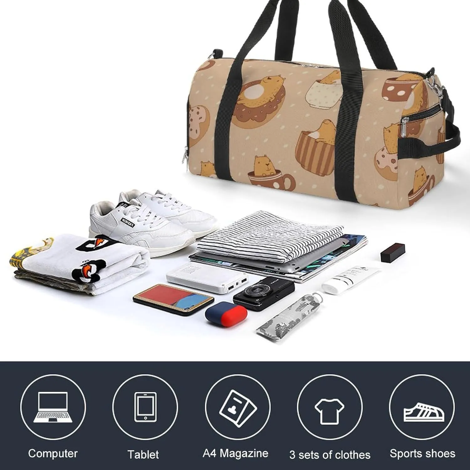 Cute Capybara in Cups on Dots Fitness Large Gym Bag for Unisex with Shoe Compartment & Wet Pocket