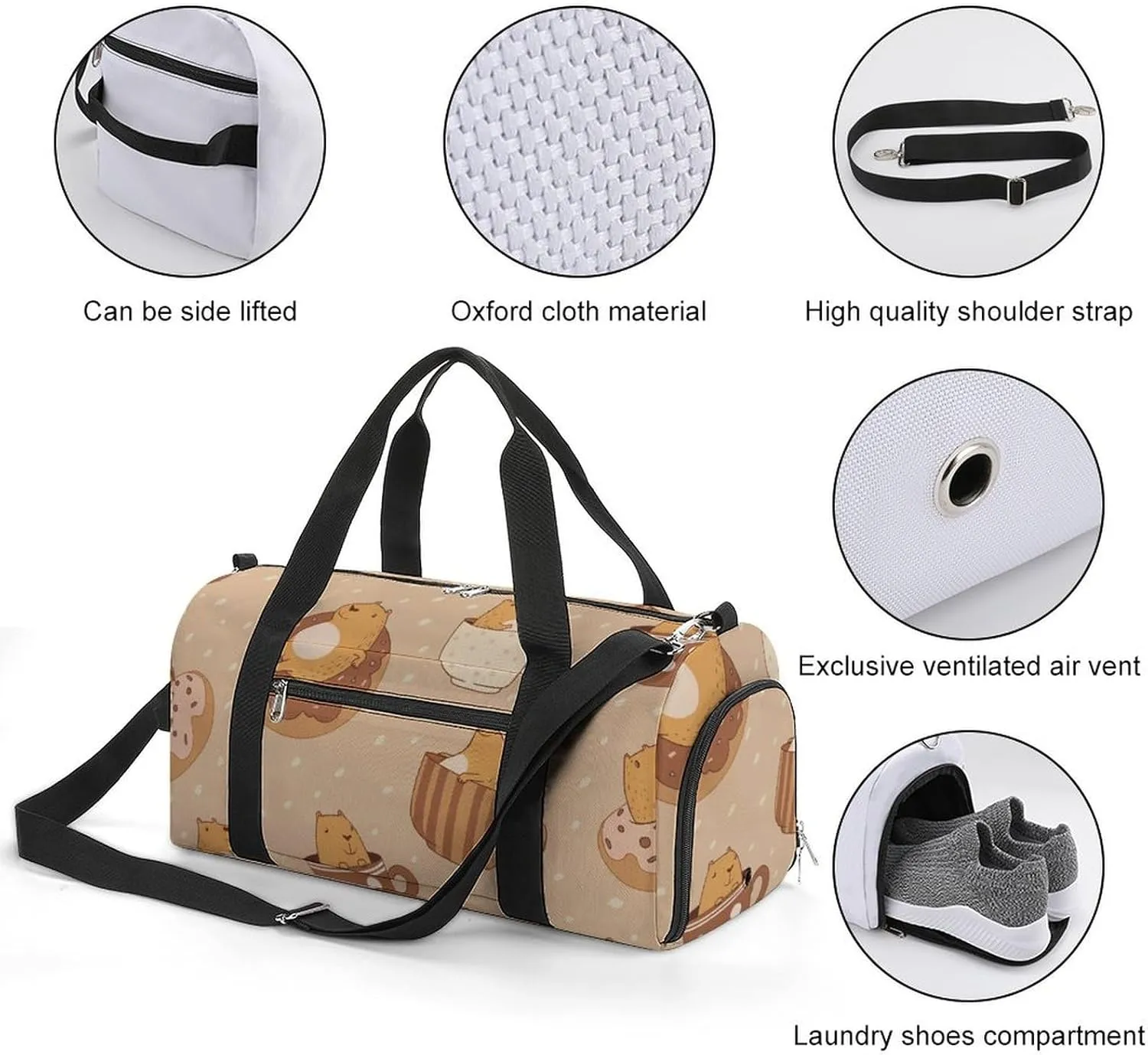 Cute Capybara in Cups on Dots Fitness Large Gym Bag for Unisex with Shoe Compartment & Wet Pocket