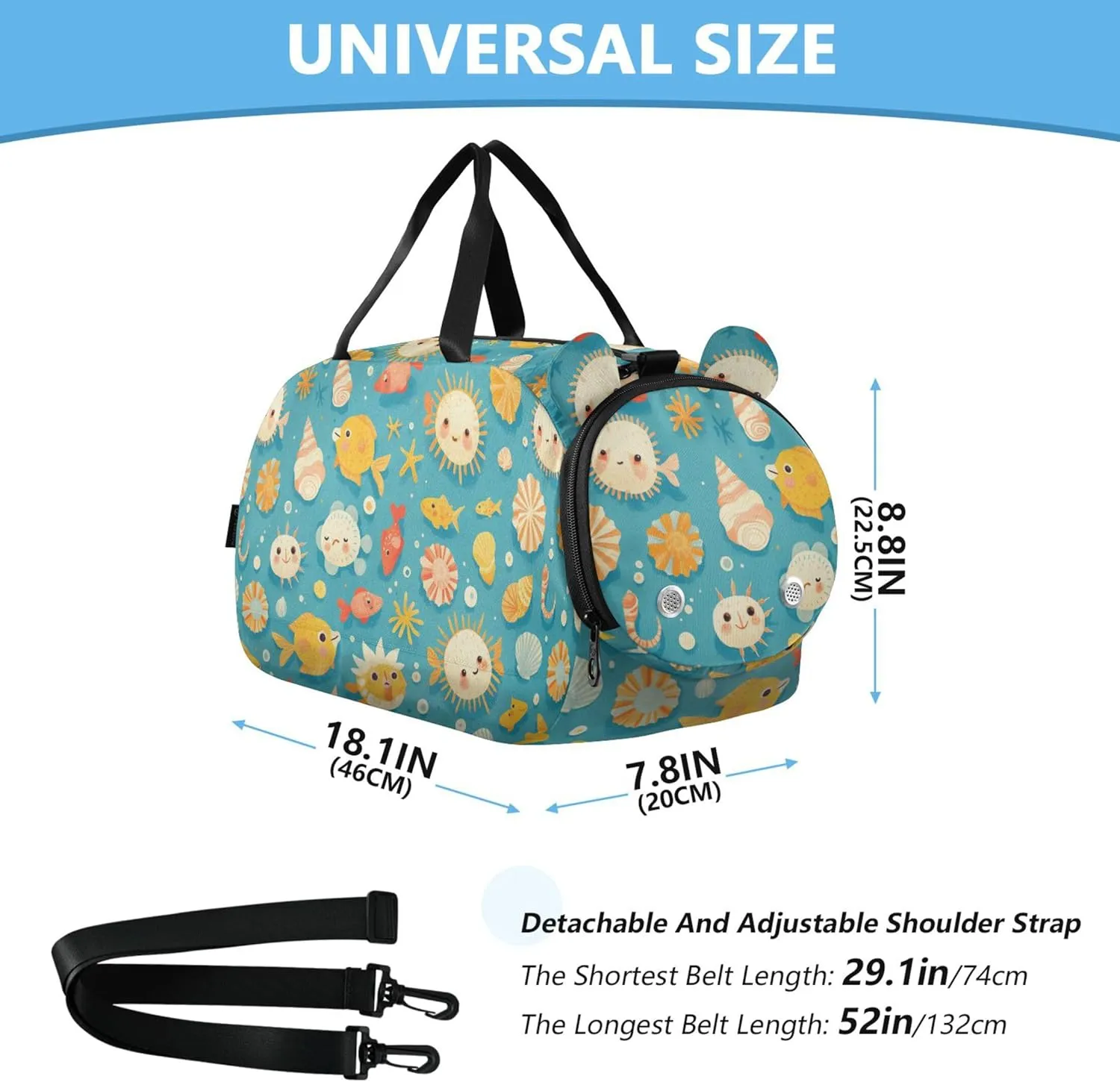 Cute Fish Seashells Girl's Gym Duffel Bag with Shoes Compartment Lightweight Overnight Bag for Boys and Girls