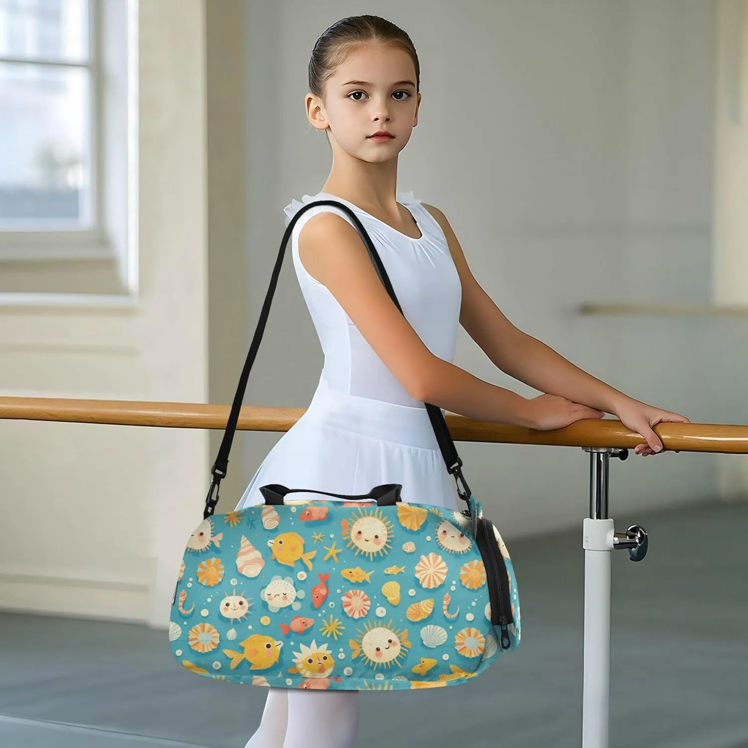 Cute Fish Seashells Girl's Gym Duffel Bag with Shoes Compartment Lightweight Overnight Bag for Boys and Girls
