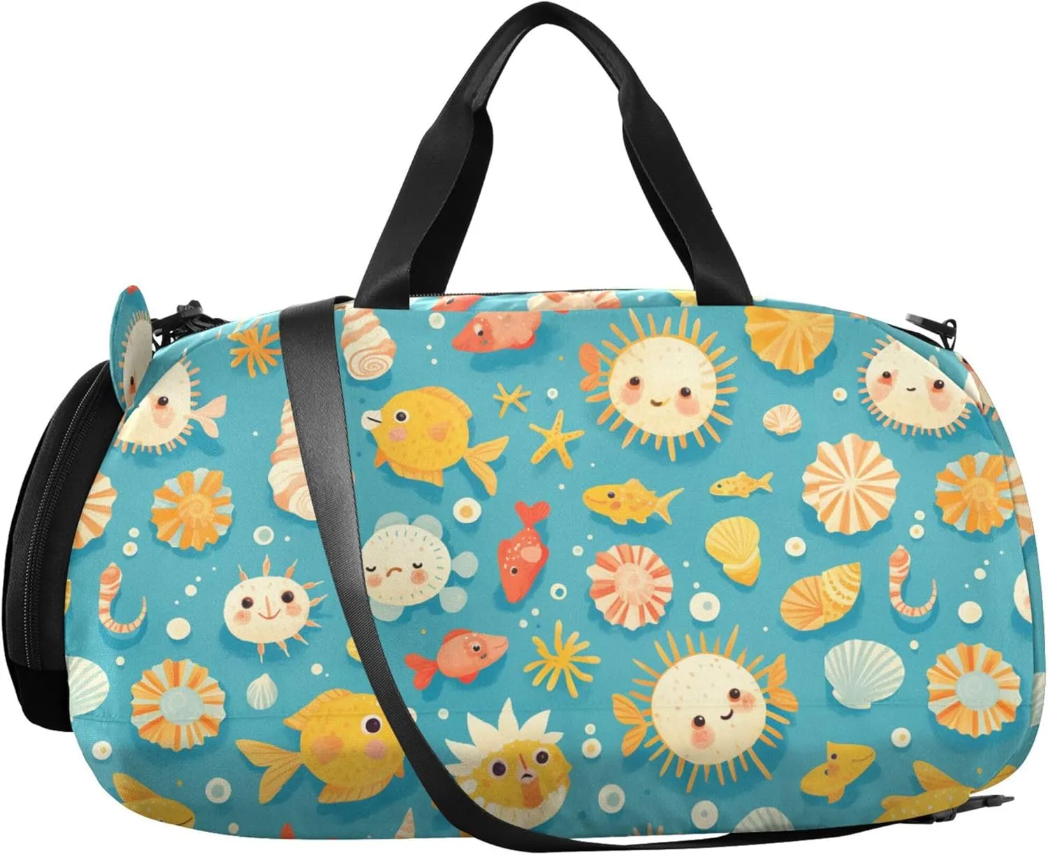 Cute Fish Seashells Girl's Gym Duffel Bag with Shoes Compartment Lightweight Overnight Bag for Boys and Girls